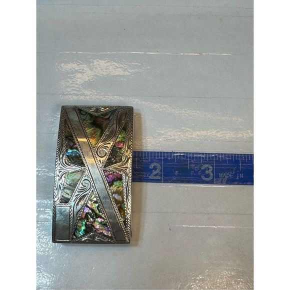 Vintage 925 Sterling Silver Inlay Abalone Etched Belt Buckle